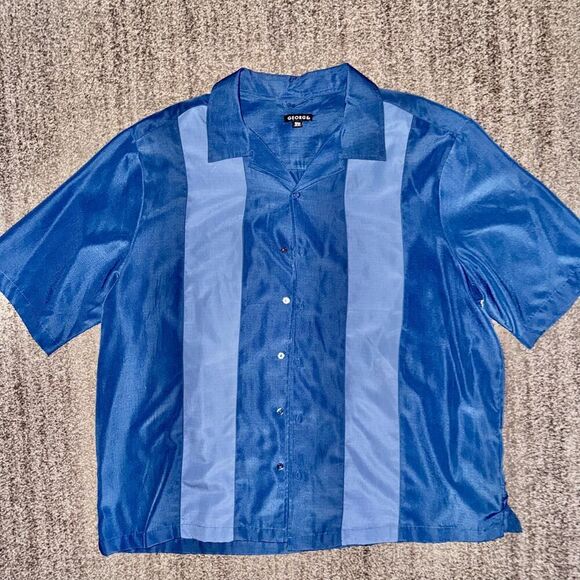 George Men's Blue Striped Button Down Short Sleeve Bowling Dress Shirt Size XXL - Picture 1 of 9